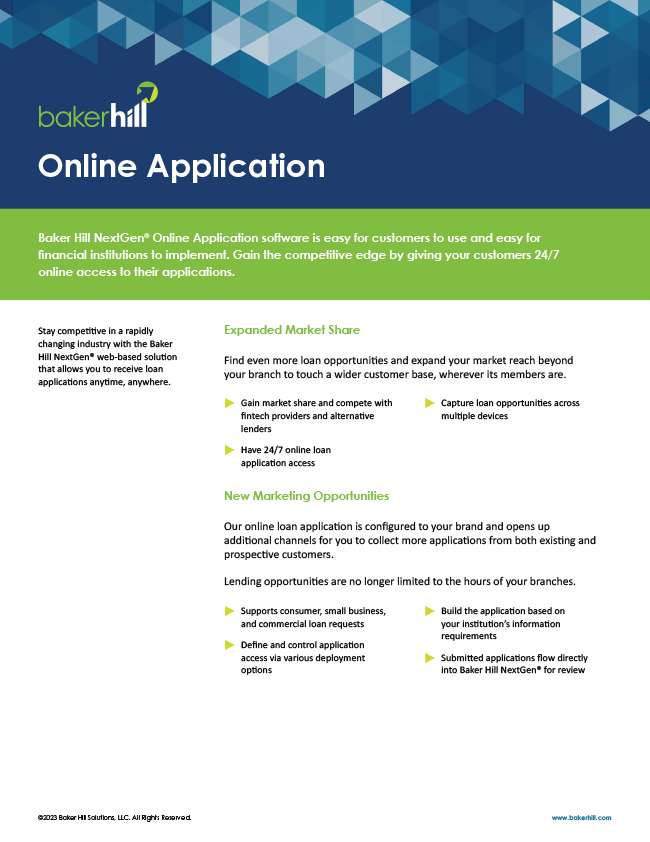 Cover of Baker Hill's feature sheet for its digital lending solution for online loan applications.