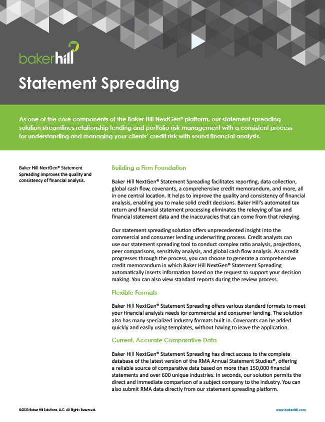 Cover of Baker Hill's feature sheet for its digital lending solution for statement spreading.