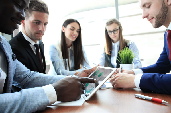 banker meeting tablet